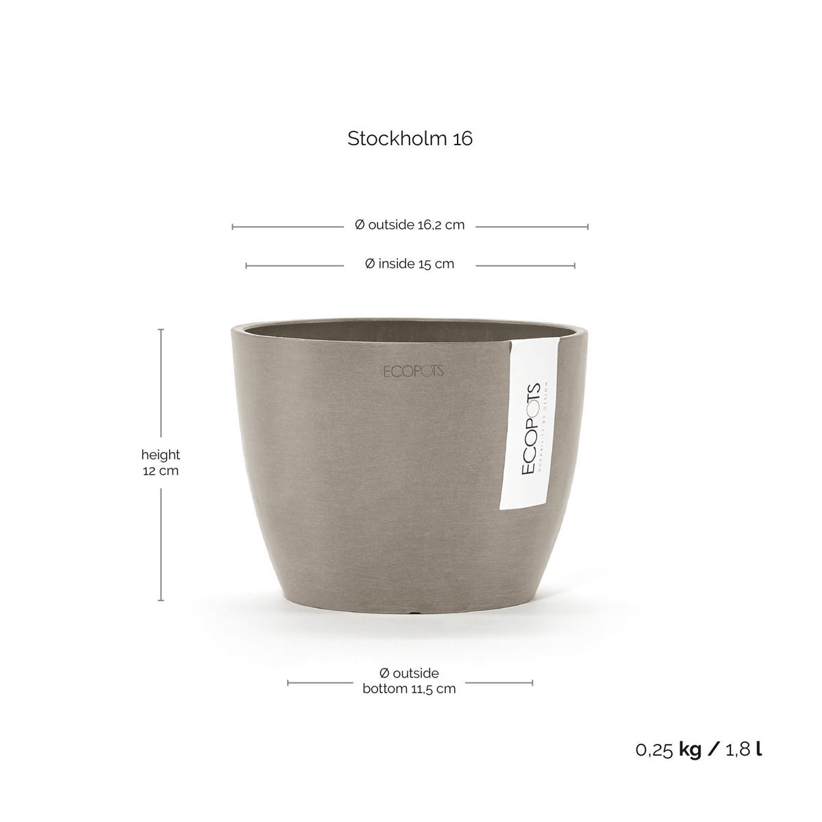 BLUMENTOPF Stockholm Mini 16,2/12 cm Taupe - Taupe, Kunststoff (16.2/12cm) - Ecopots