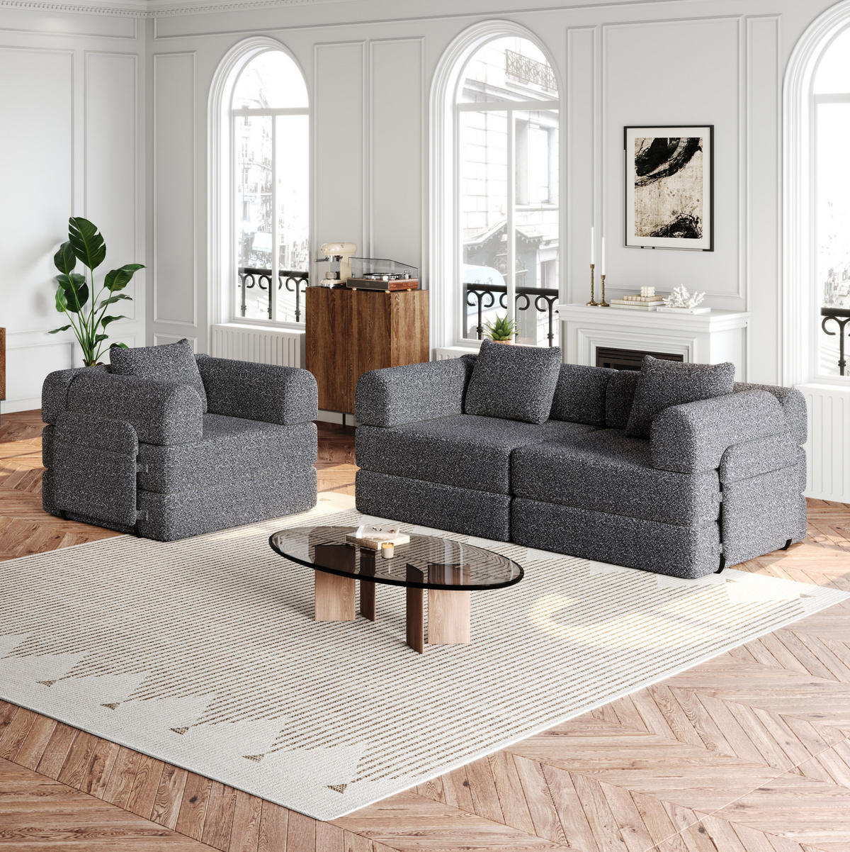 SCHLAFSOFA aus Chenille Grau 2-in-1 mit Armlehnen-Staufach und flexibler Modulgestaltung - Grau, Textil (183.8/69.8/274cm) - Modfu