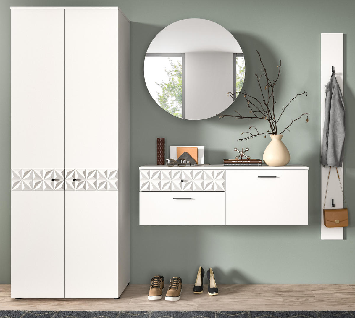 GARDEROBE Set weiß Hochglanz 226 cm, Kombination mit 3D-Struktur - Weiß Hochglanz/Schwarz, Glas/Holzwerkstoff (226/192/34cm) - Inn.Furn