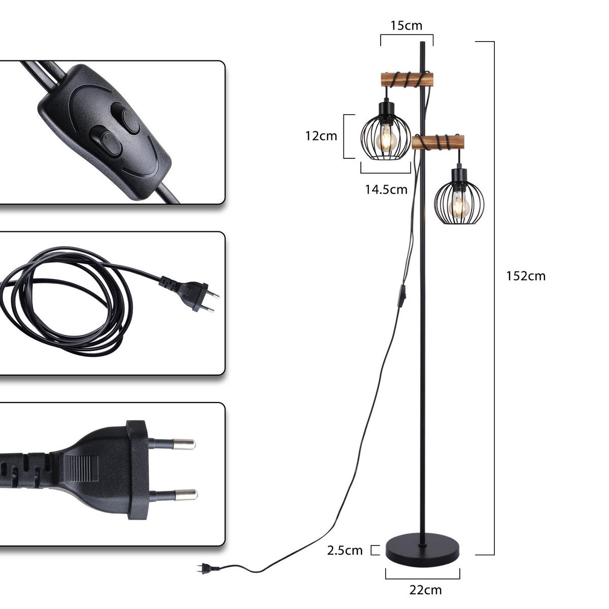 STEHLAMPE Anikad 22/22/152 cm - Schwarz, Holz (22/22/152cm) - ZMH