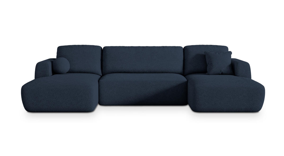 WOHNLANDSCHAFT SENTUM N Blau Boucle-Stoff mit Schlaffunktion - Blau, Holz (330/90/148cm) - MASSENO