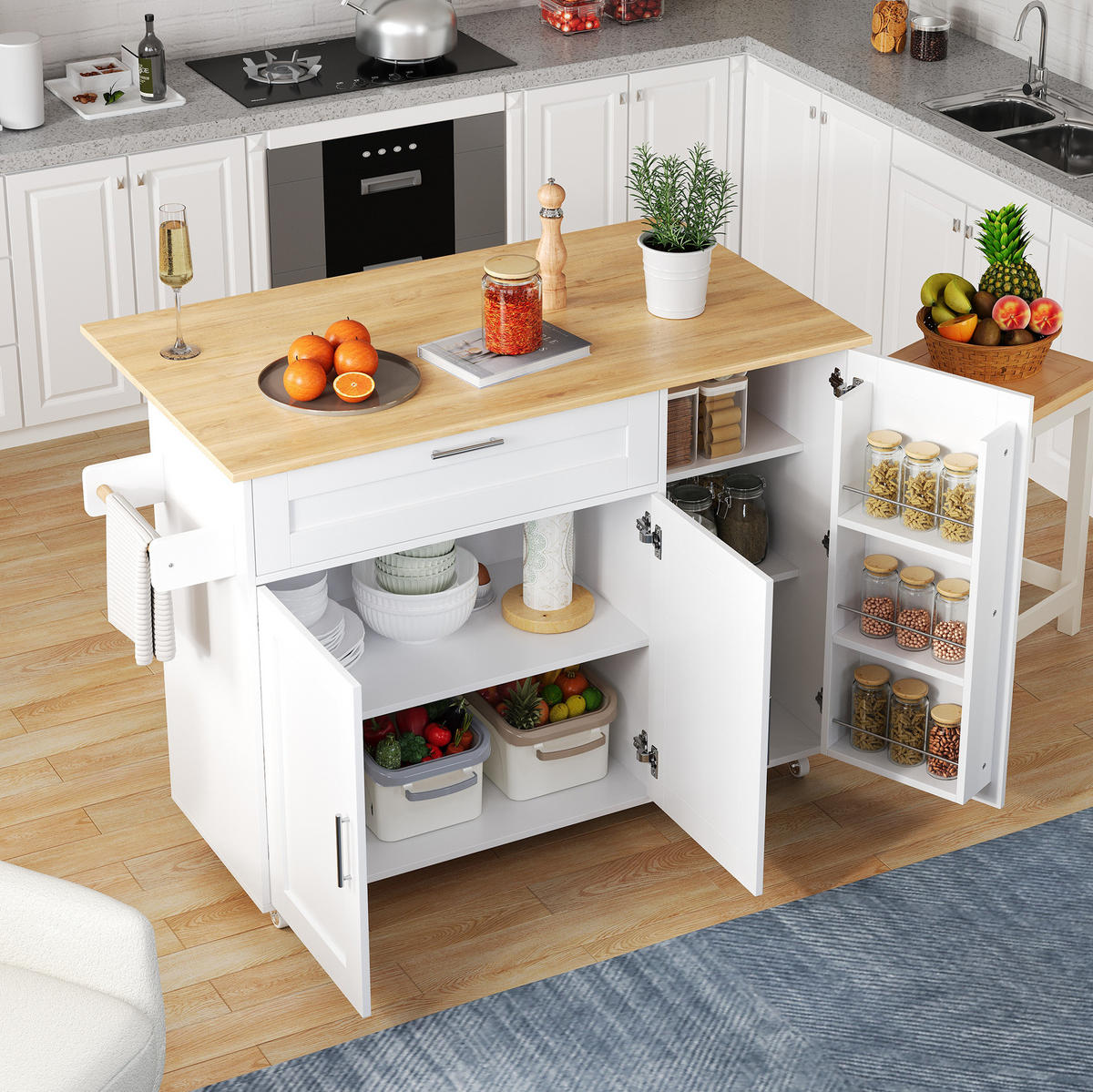 KÜCHENINSEL 132,5/44(70)/90 cm aus MDF mit klappbarer Arbeitsplatte Weiß/Naturfarben - Weiß, Holzwerkstoff (132.5/90/70cm) - Modenvie