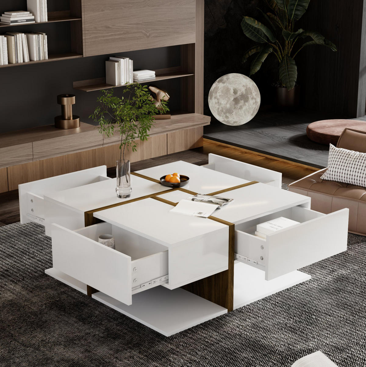 COUCHTISCH, Hochglanz weiß mit 4 Schubladen und Ablage, 78/78/34,8 cm, Weiß und Naturfarben - Naturfarben, Holzwerkstoff (78/78/34.8cm) - Redom