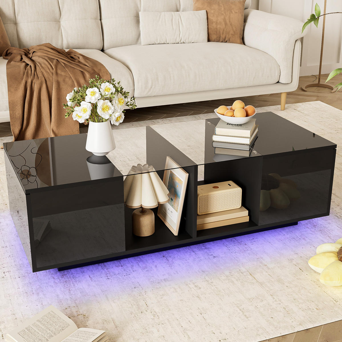 COUCHTISCH LED-Beleuchtung Hochglanz Schwarz Glas & MDF 120x50cm - Schwarz, Holz (129.49/59.51/14.99cm) - FLIEKS