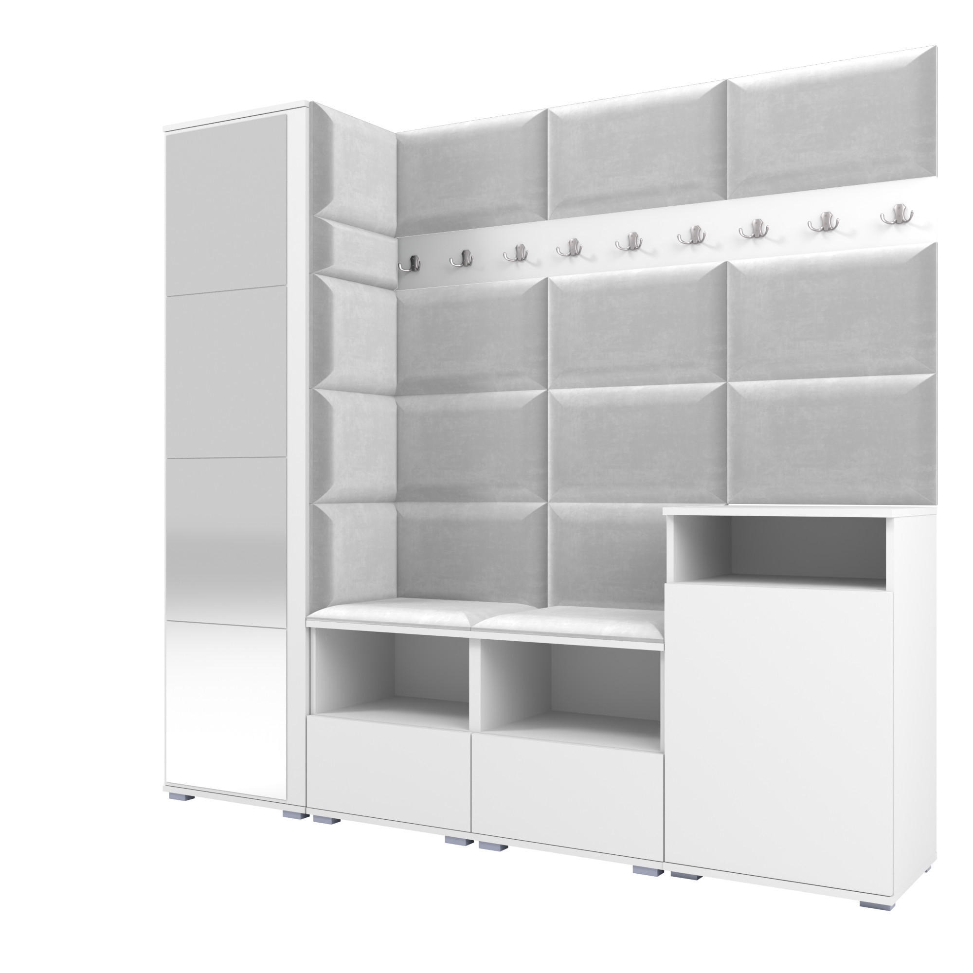 GARDEROBE NELA X 200 cm (Modulare Flurmöbel Weiß mit Spiegel & Sitzpolster Hellgrau 32 Schrank + Sideboard) - Silberfarben/Hellgrau, Holz/Holzwerkstoff (200/187/40cm) - Ravio