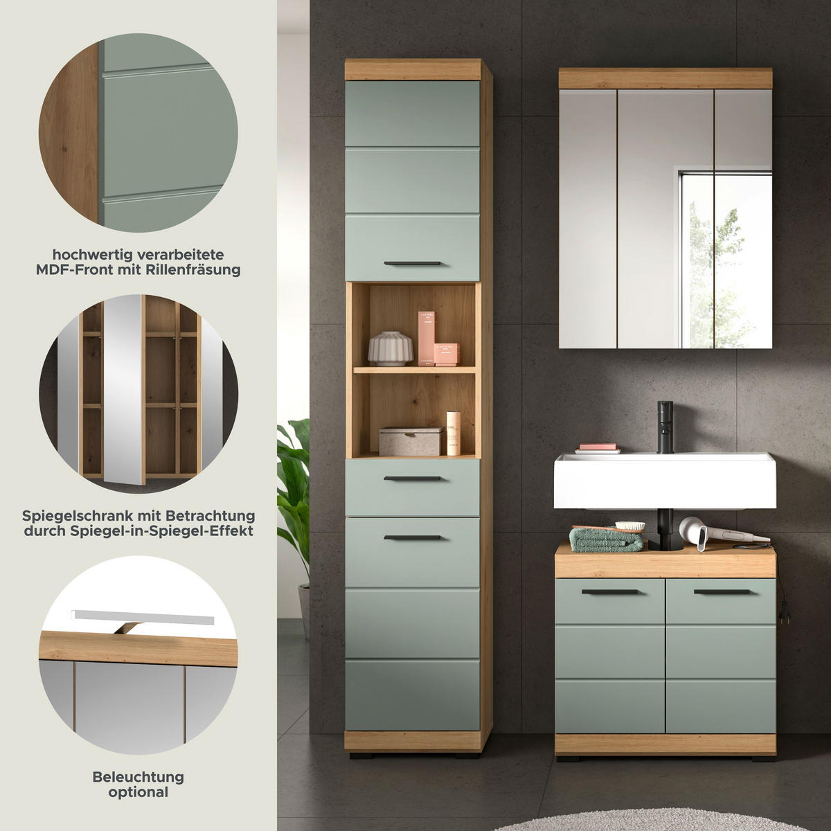 BADKOMBINATION 3tlg. Scout Bad in Artisan Eiche Nachbildung und Salbei Nachbildung B/H/T: 112x191x34 cm - Eiche Artisan, Holz (112/191/34cm)