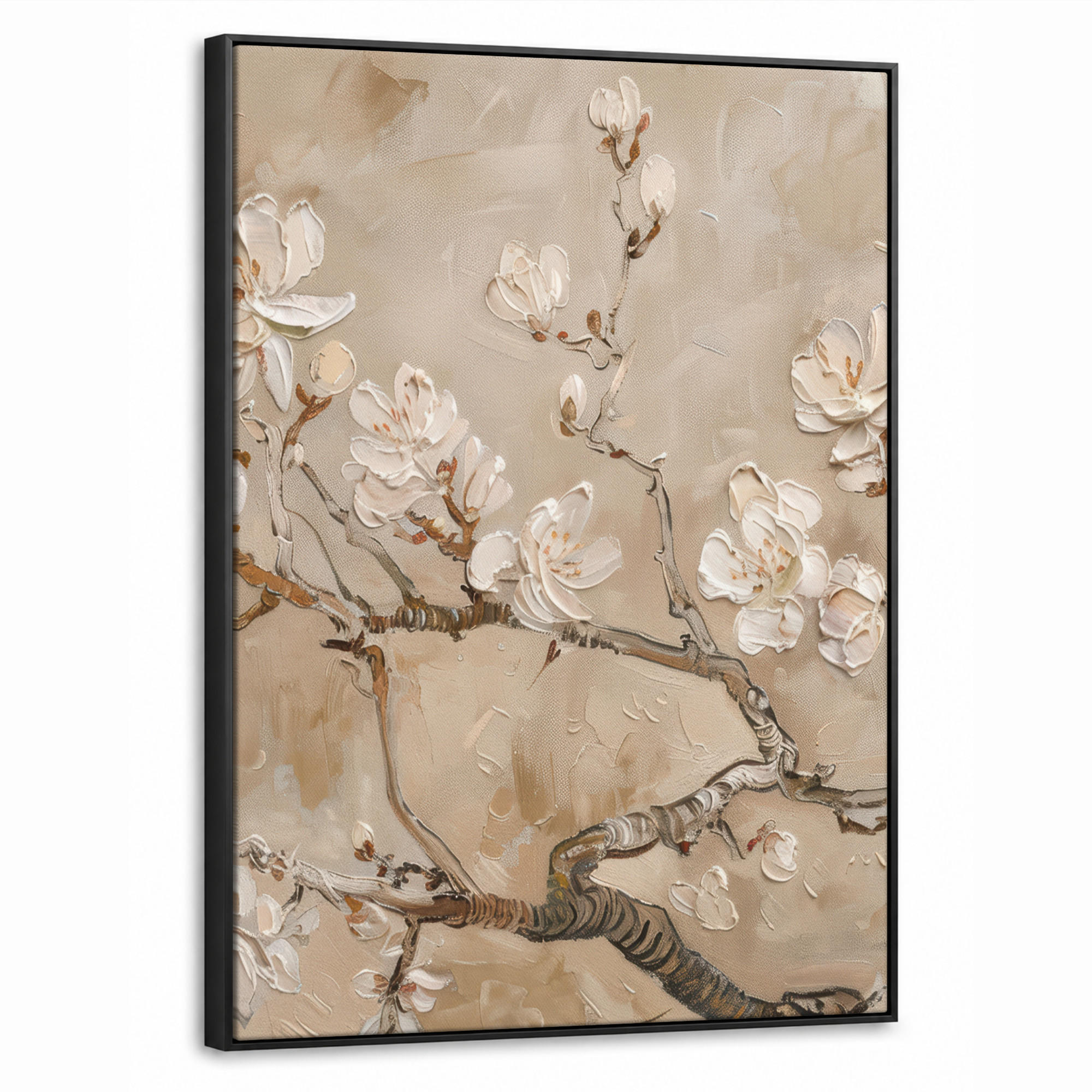 LEINWAND Bilder mit Rahmen - Blumen - Modern - Beige - Weiß - Blüte - 60x80 - Beige, Textil (60/80cm) - MuchoWow