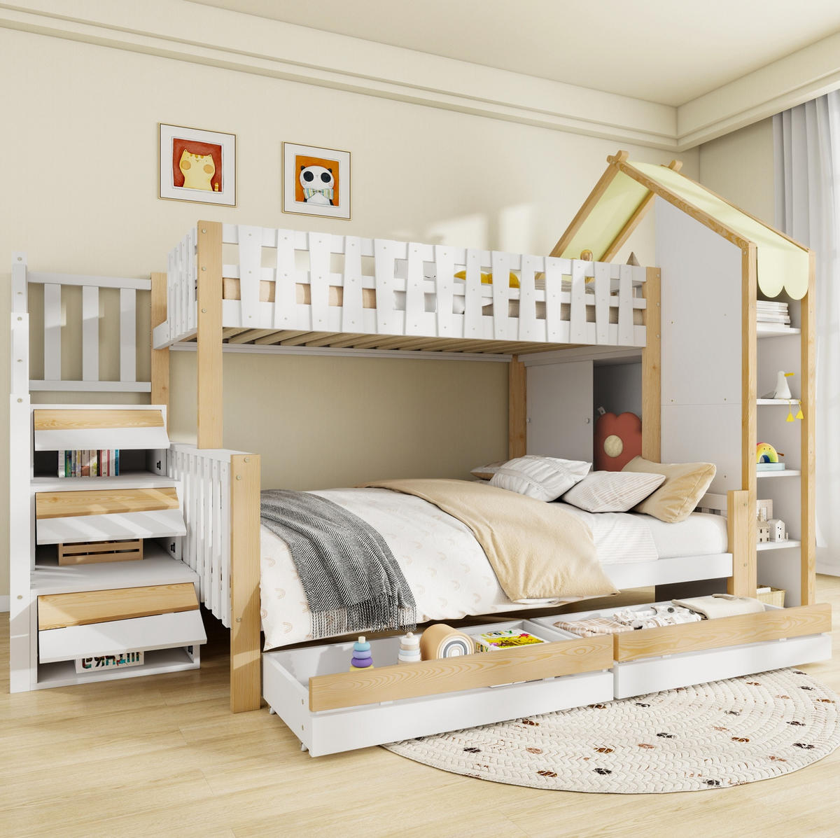 ETAGENBETT aus Kiefernholz 90x200/140x200 cm Weiß/Natur mit Stauraumleiter, 2 Schubladen und Hausdach - Weiß, Holzwerkstoff (90/200cm) - Modfu