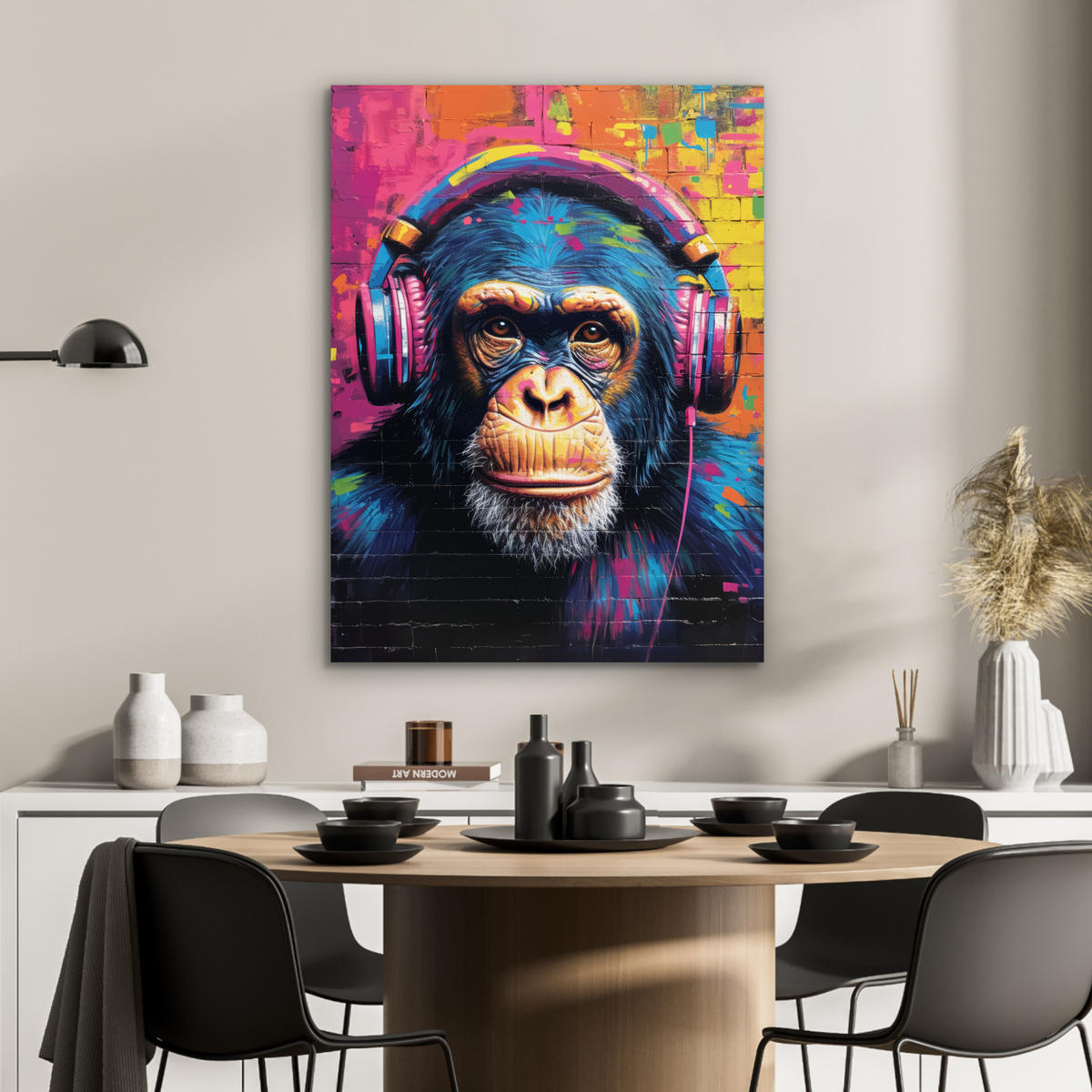 KOVOVÝ OBRAZ Graffiti - Šimpanz - Street art - Slúchadlá - Opica 60x80 cm - modrá, kov (60/80cm) - MuchoWow