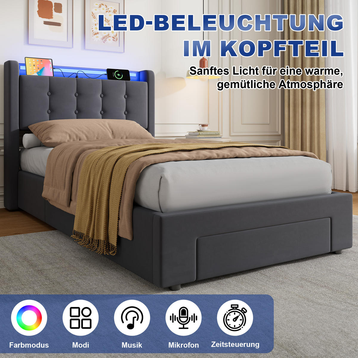 POLSTERBETT 90/200 cm in Grau, mit Matratze, Bettkasten, USB, LED, Stauraum und Schubladen - Grau, Holzwerkstoff/Textil (90/200cm) - WISHDOR