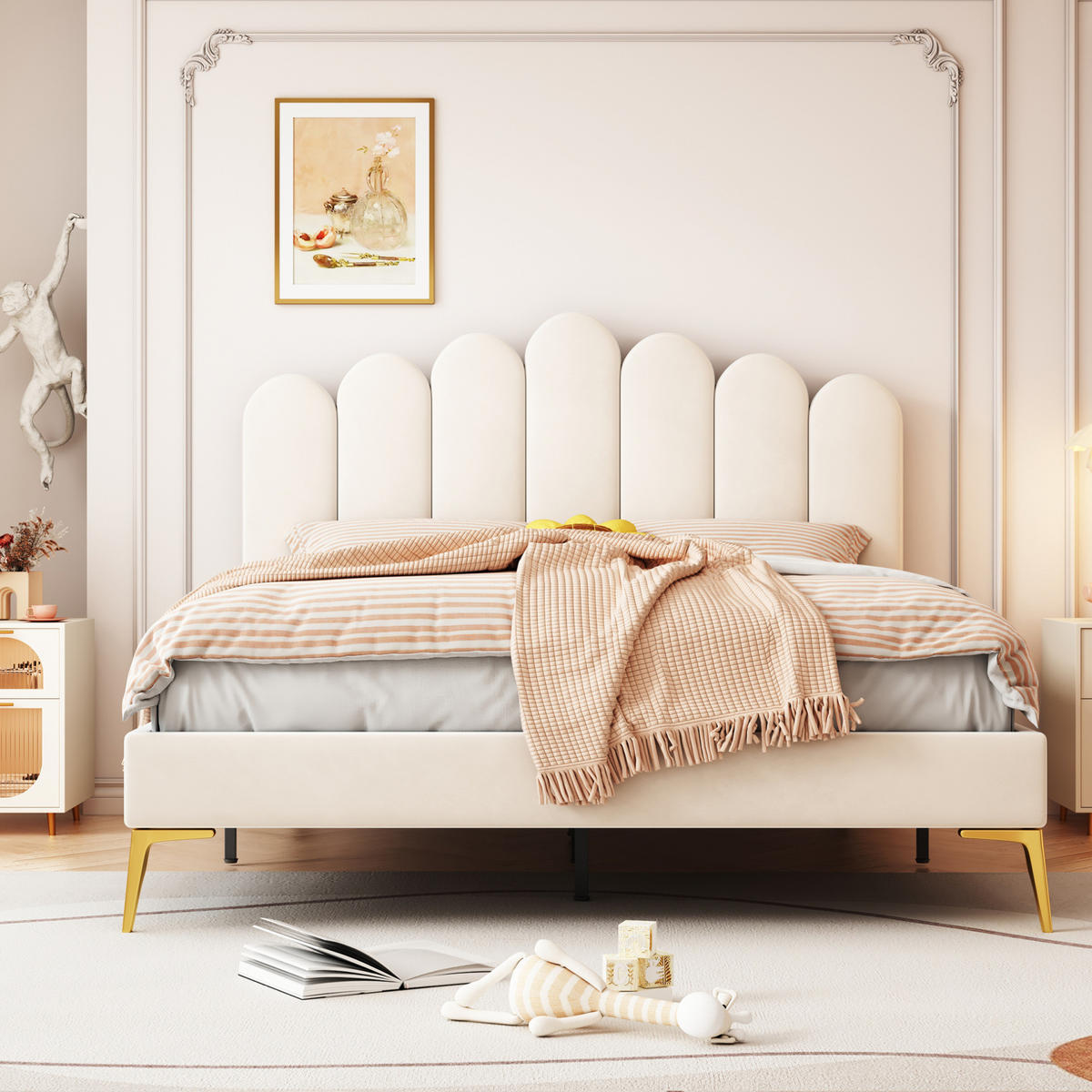POLSTERBETT mit verstellbarem Kopfteil 140x200 cm Samt Beige - Beige, Metall (140/200cm) - Meubliv
