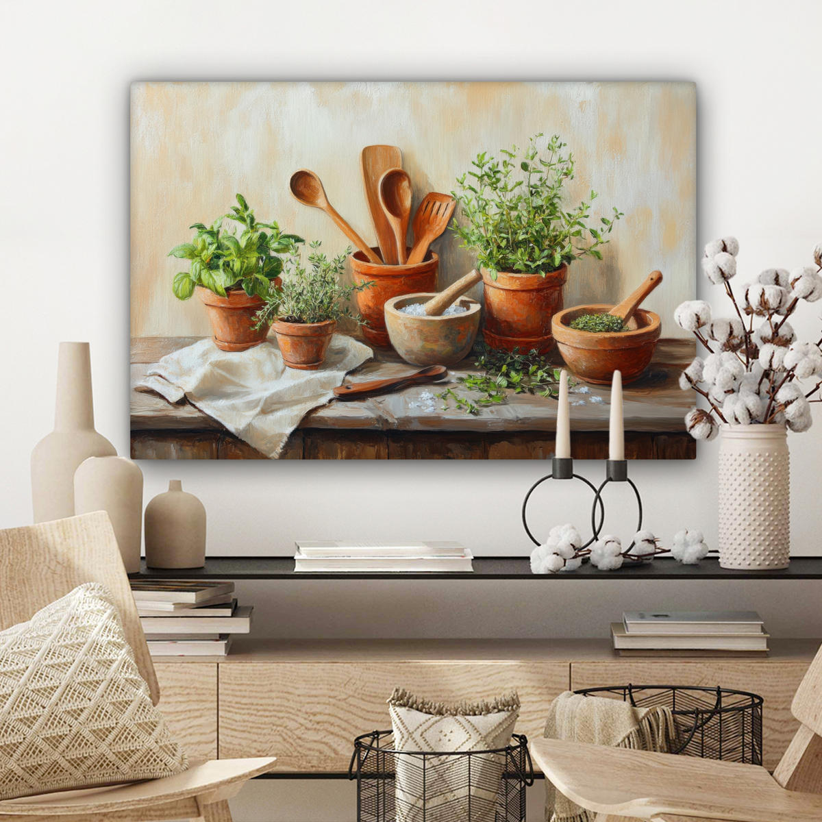 LEINWANDBILD Töpfe - Kräuter - Holz Gemälde 60x40 cm - Terracotta, Textil (60/40cm) - MuchoWow