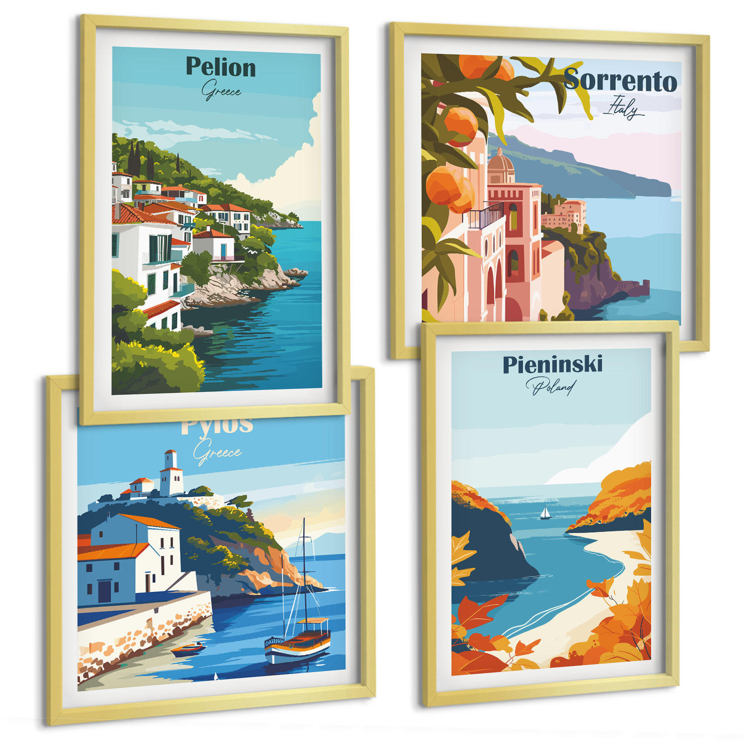 BILDER SET 4er Set - 50x50 cm & 40x60 cm Goldrahmen - Retro-Landschaften im malerischen Stil - Goldfarben, Kunststoff (50/50cm) - TULUP