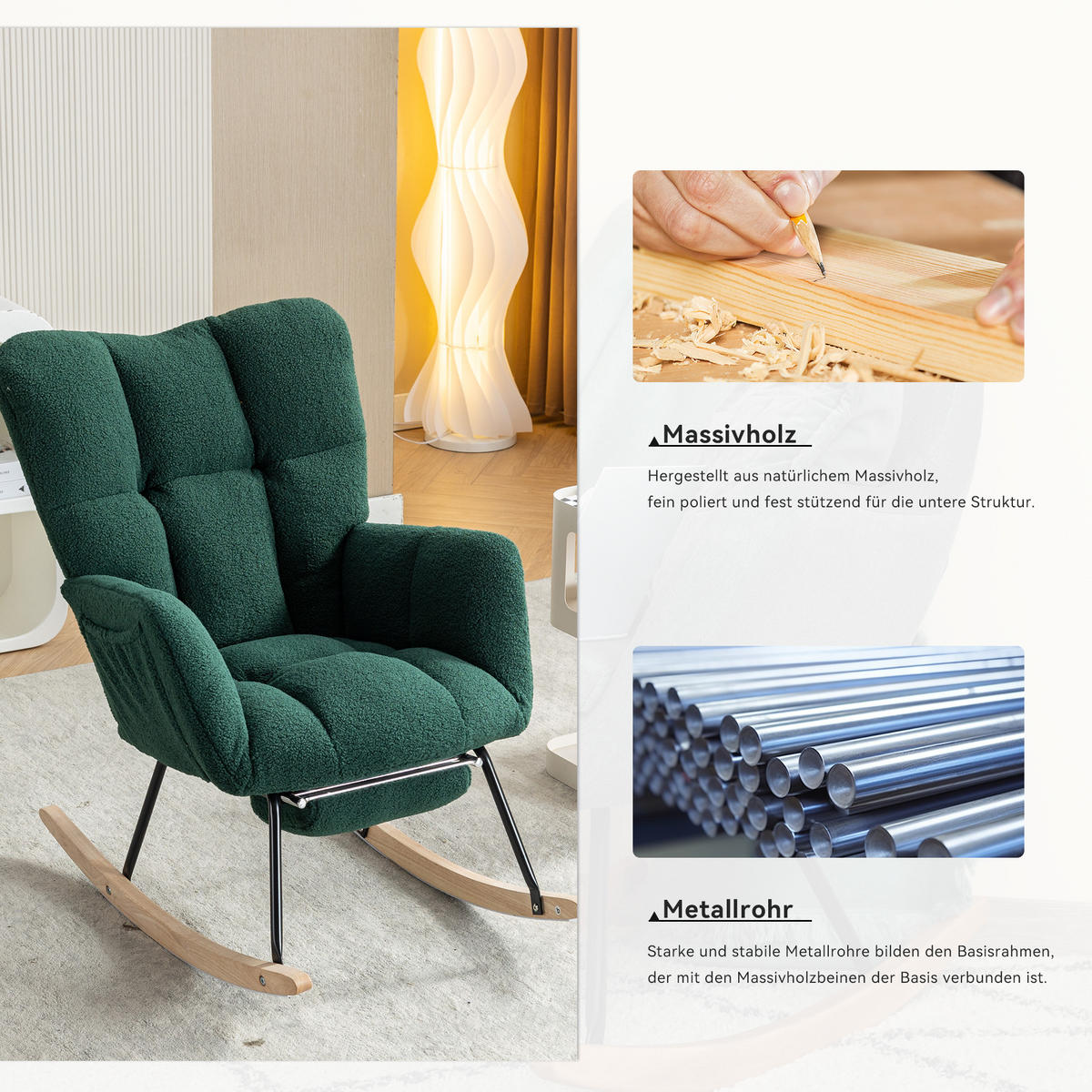 SCHAUKELSTUHL Teddy-Stoff mit klappbarer Fußstütze 80/98/98.5 cm Grün - Grün, Textil (98/98.5/80cm) - Redom