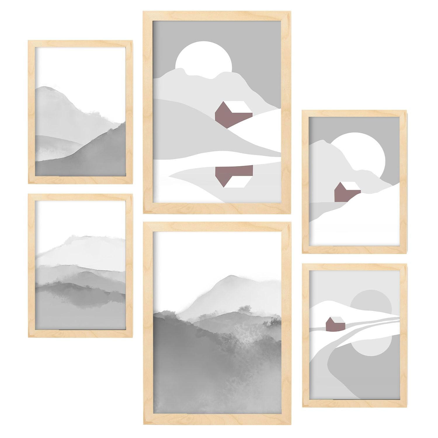POSTER Set Mit 6 Naturtöne Landschaft Größe A3 & A4 Rahmen aus hellem Holz - Beige, Papier (29.7/1cm) - Nacnic