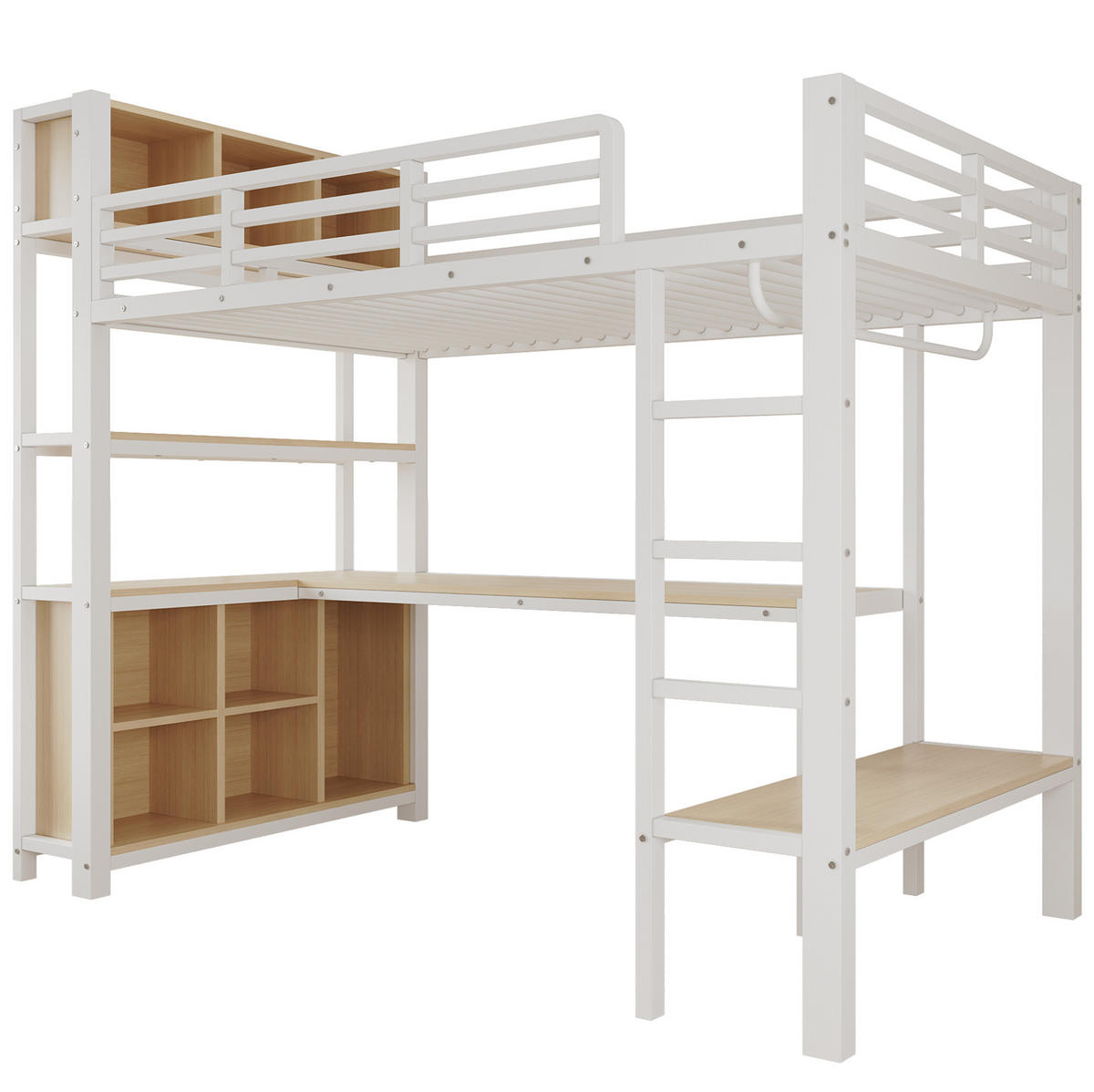 HOCHBETT Metall & MDF 90x200 cm Weiß mit Schreibtisch, Regalen und Kleiderstange - Weiß, Holzwerkstoff (90/200cm) - Modfu