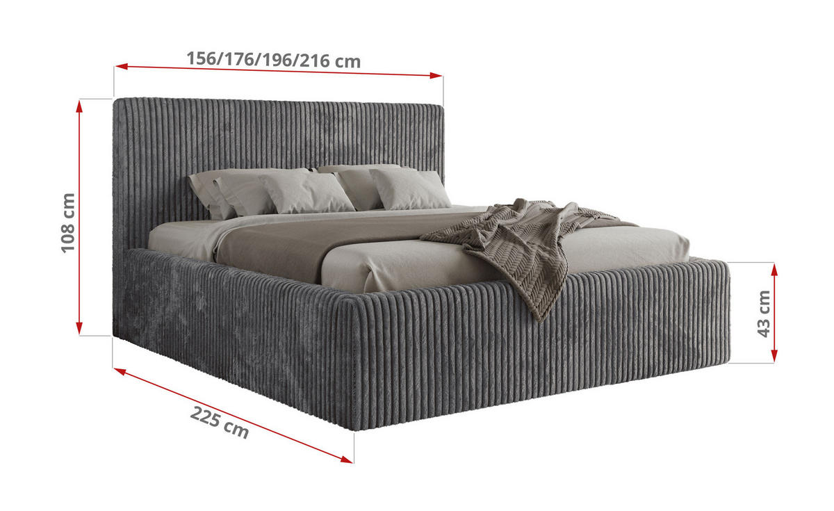 POLSTERBETT TILIANO CLASSIC 160/200 - Grau Cord - Schaum-Matratze - Grau, Textil (160/200cm) - MKS