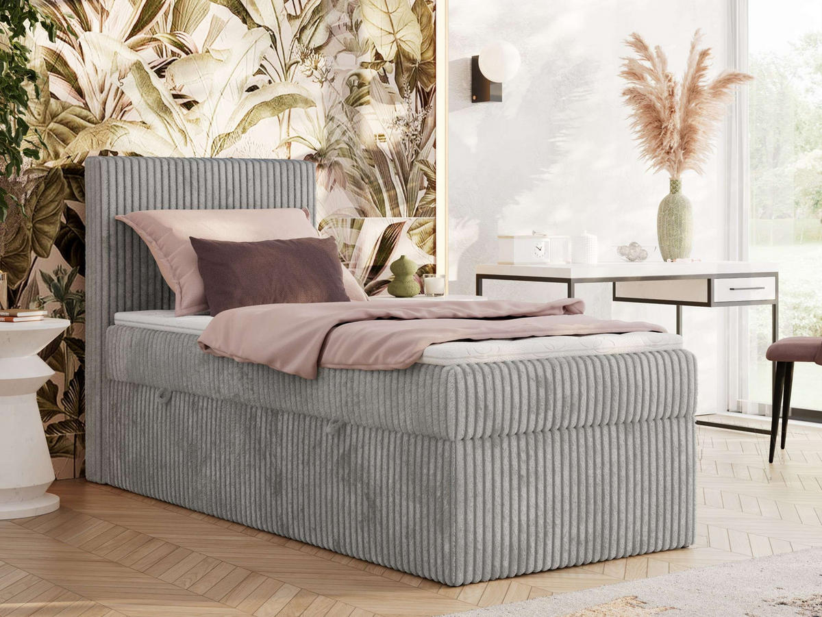 BOXBETT TILIANO 90/200 - Hellgrau Cord - H4 - Visco Topper - Links - Hellgrau, Textil (90/200cm) - MKS