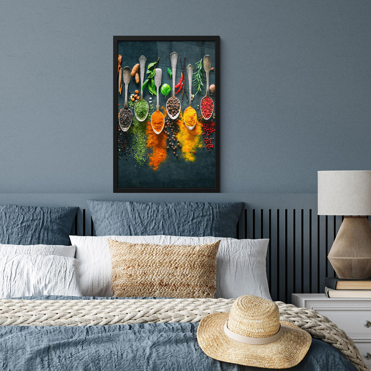 GERAHMTES BILD Kräuter - Gewürze - Löffel 40x60 cm - Currygelb, Papier (40/60cm) - MuchoWow