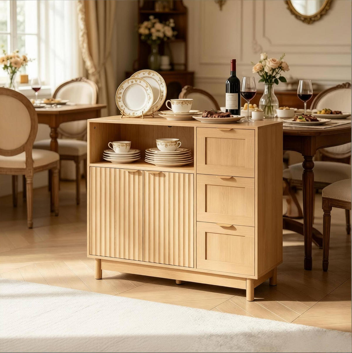 SIDEBOARD 90/35/80 cm in Holz-Optik mit Schubladen und verstellbarem Regal - Naturfarben, Holzwerkstoff (90/80/35cm) - BEAOK