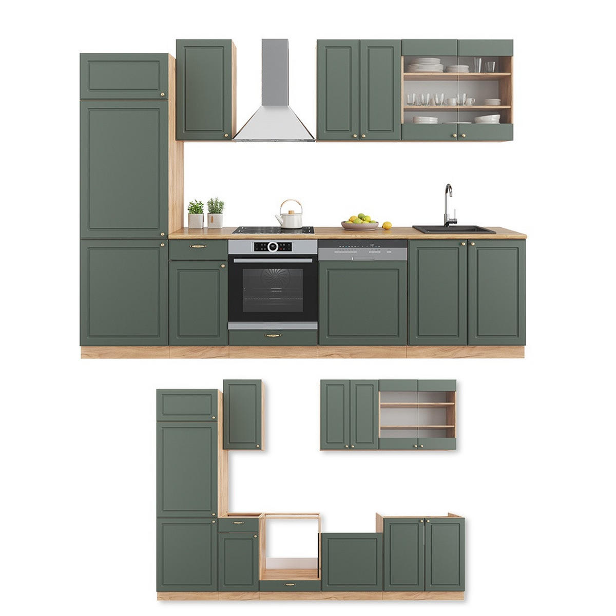 KÜCHENZEILE Fame-Line Grün-Gold Landhaus/Goldkraft Eiche 300 cm ohne Arbeitsplatte - Honigeiche/Grün, Holzwerkstoff (300/81.6/46cm) - Vicco