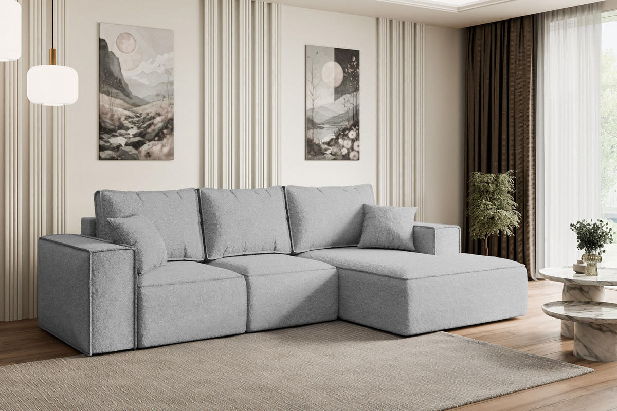 ECKSOFA mit Schlaffunktion und Bettkasten SERRA-L-S - 266x161x87 cm Hellgrau Bouclé - Hellgrau/Schwarz, Holzwerkstoff/Kunststoff (266/161cm) - ALTDECOR
