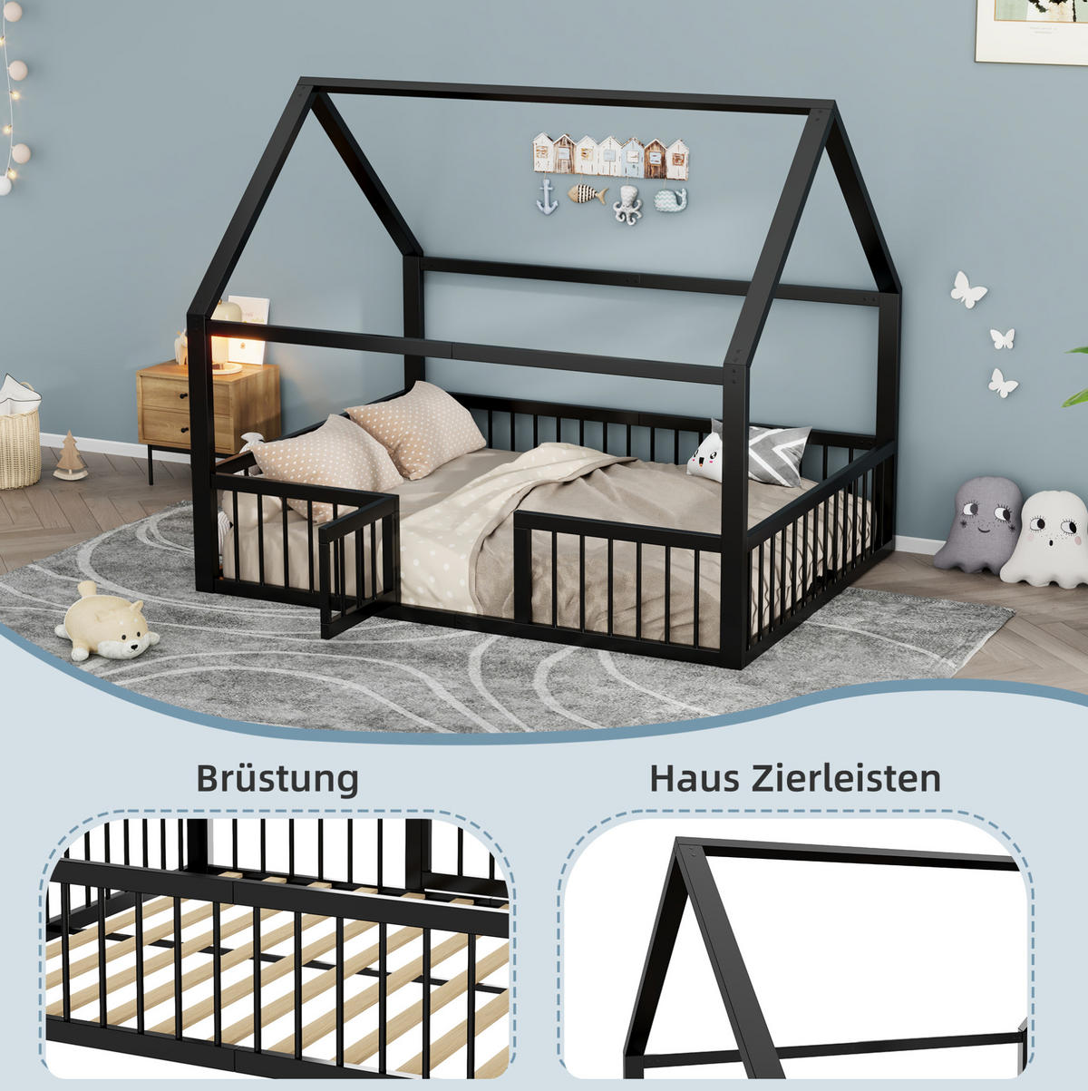 KINDERBETT Hausdesign 140/200 cm Schwarz aus Metall ohne Matratze - Schwarz, Metall (140/200cm) - MIVRAY