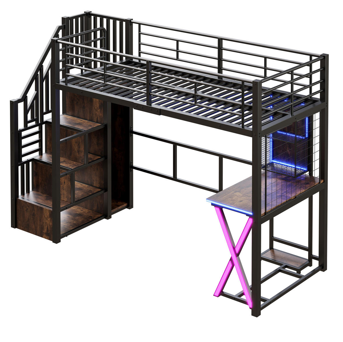 HOCHBETT 90/200 cm mit LED-Ambientelicht, Ablageleiter, Schreibtisch, Kleiderschrank und Regalen, Schwarz - Schwarz, Holzwerkstoff (90/200cm) - Redom