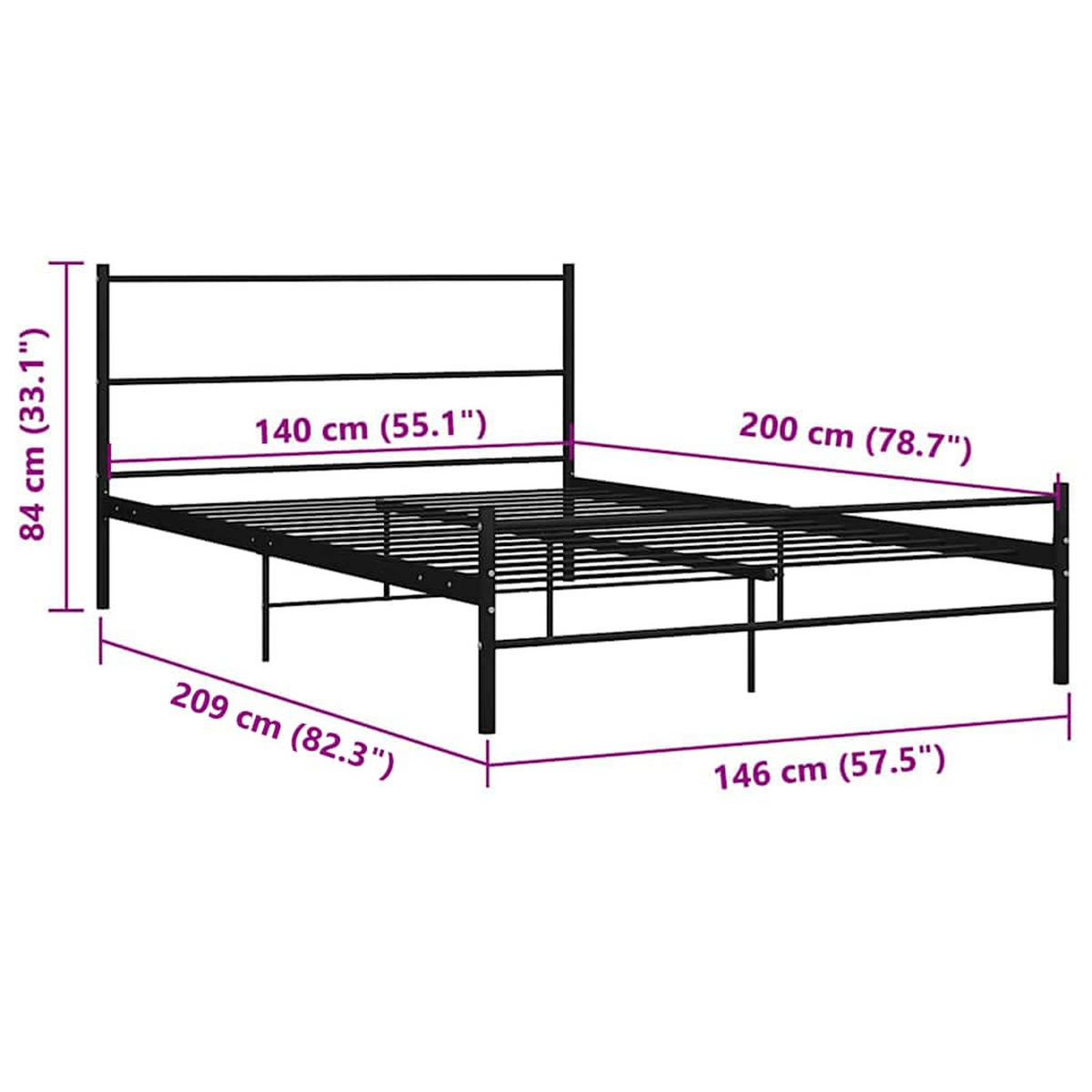 METALLBETT Hutchins 146/209 cm - Schwarz, Metall (140/200cm) - Nettlife