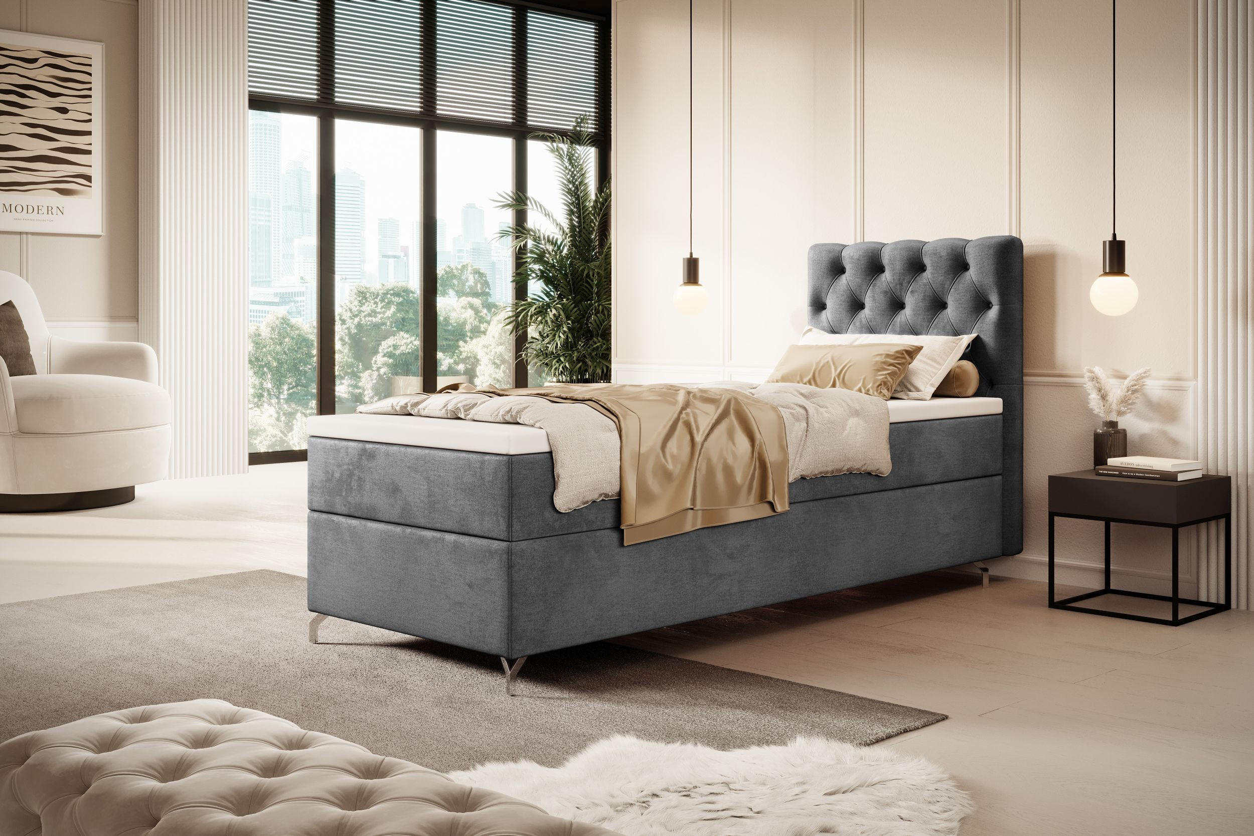 BOXBETT CHESTER P mit Matratze H3, Bonell und Topper 100x200 Monolith 92 - Grau, Textil (100/200cm) - Bedante