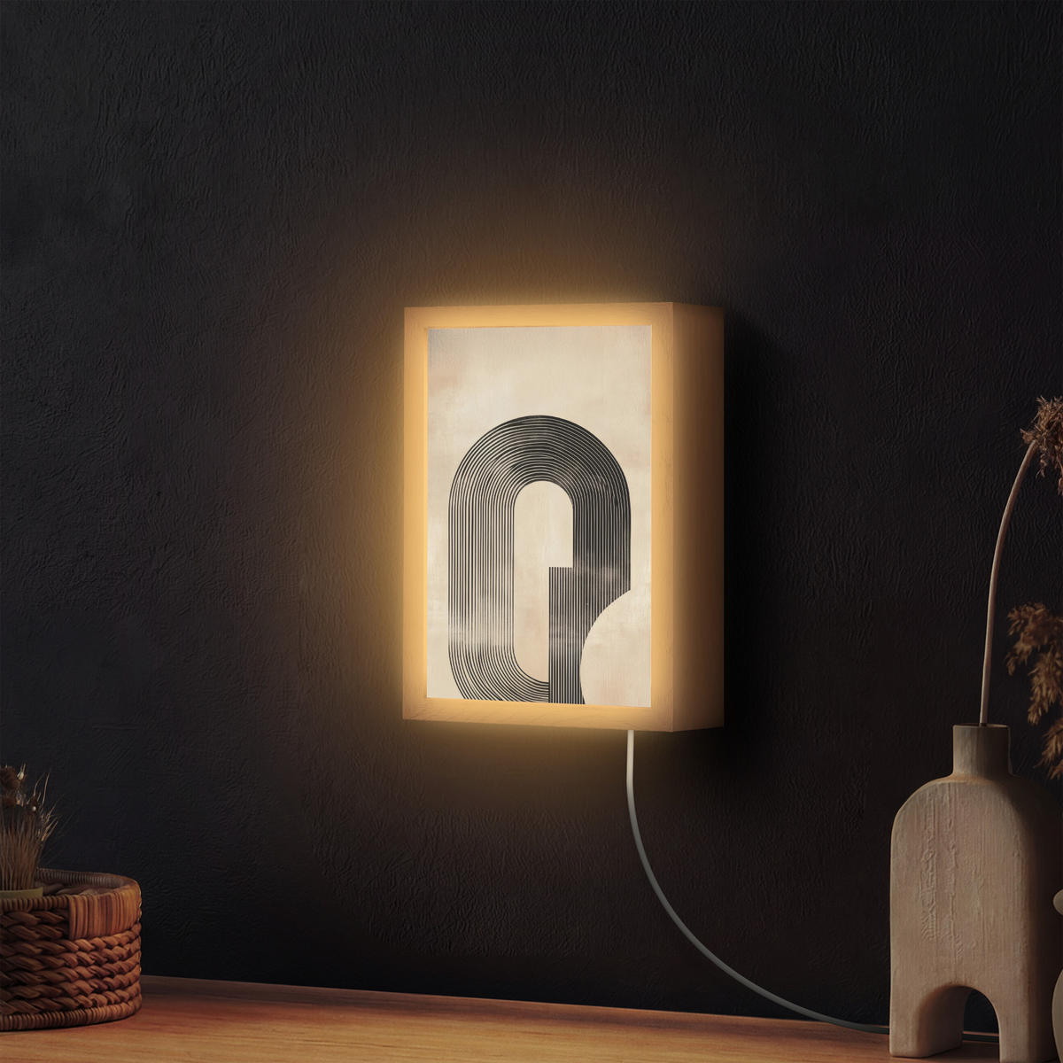 NÁSTĚNNÁ LAMPA Luk - Pruhy - Minimalistický - Černý 20x30 cm - béžová, kompozitní dřevo (20/30/8cm) - OnlyWow