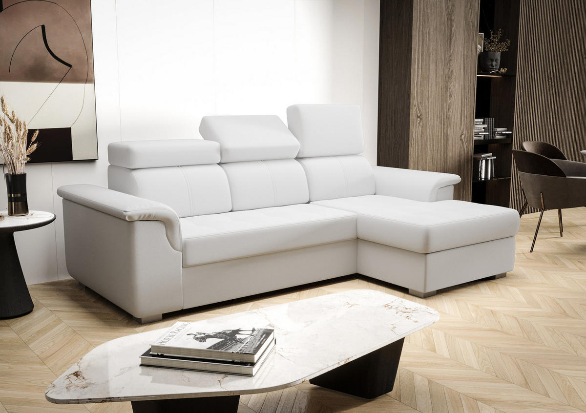 ECKSOFA KONGO RBN06, Eckcouch in L-Form mit Schlaffunktion, Farbe: Weiß, Kunstleder, Ottomane Rechts - Weiß, Textil (247/165cm) - O-Sofa