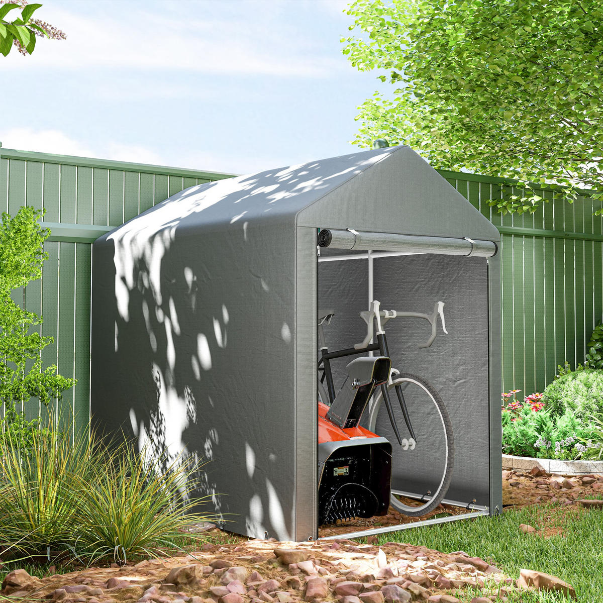 GARTENHAUS 2 Fächer, Tür mit Reißverschluss, wasserdicht, UV-beständig 1,2 x 1,8 x 1,65 m ,hellgrau - Hellgrau, Metall (179/165/120cm) - Vallsero
