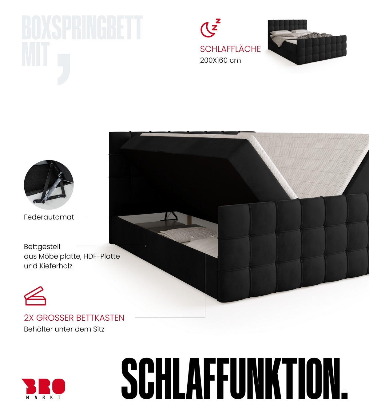 BOXBETT Detroit Duo mit Topper 160/200 Schwarz - Schwarz, Textil (160/200cm) - Bromarkt