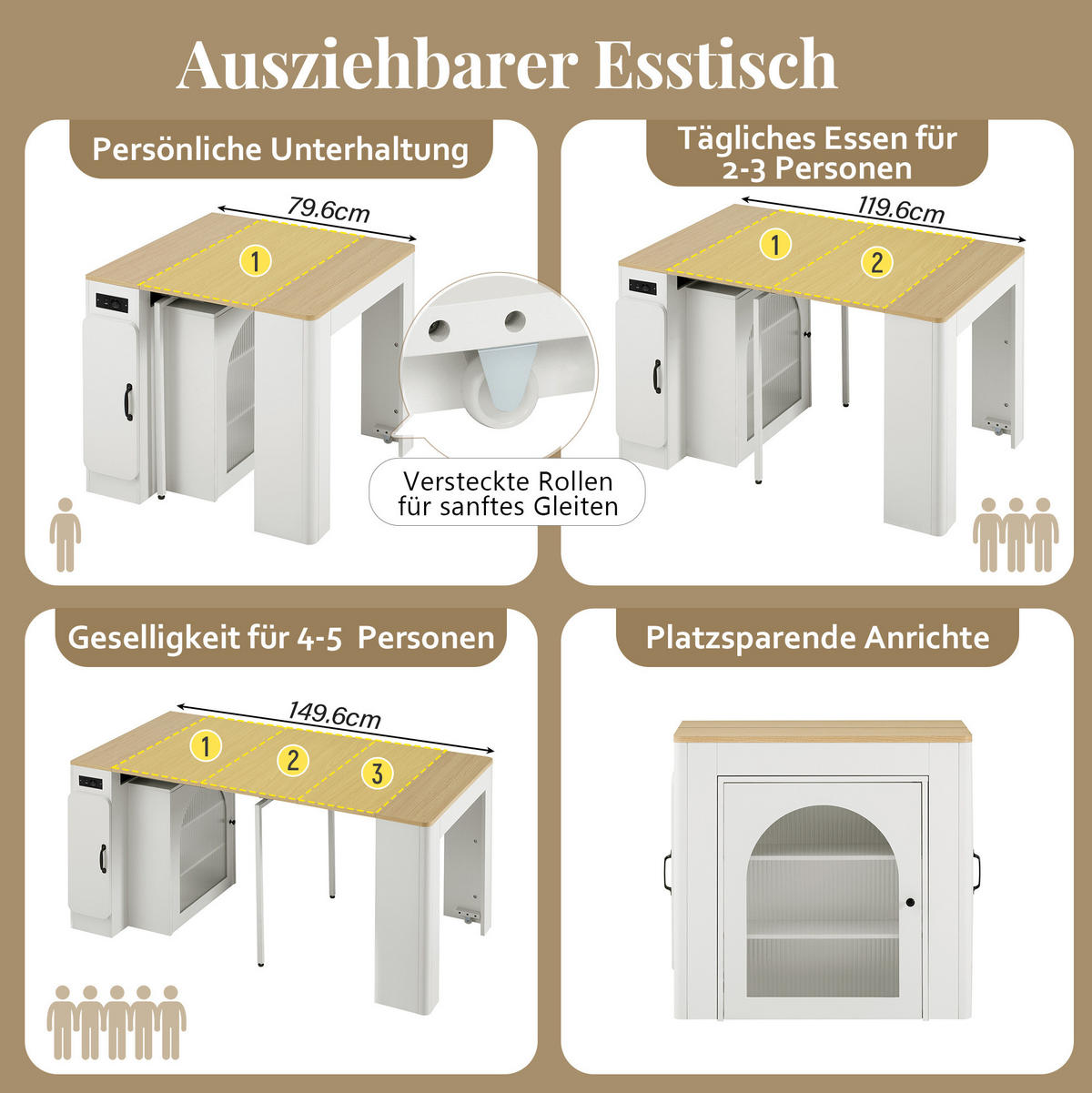 KÜCHENINSEL 83/39,6-149,6/77 cm mit ausziehbarem Tisch, LED-Beleuchtung und Steckdose, Naturfarben/Weiß - Weiß, Holzwerkstoff (83/77/39.6cm) - Redom