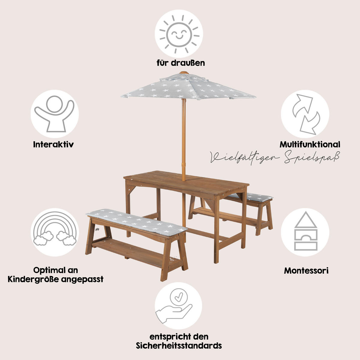 KINDERSITZGRUPPE mit Sitzauflage und Schirm teak - Teakfarben, Holz - Roba