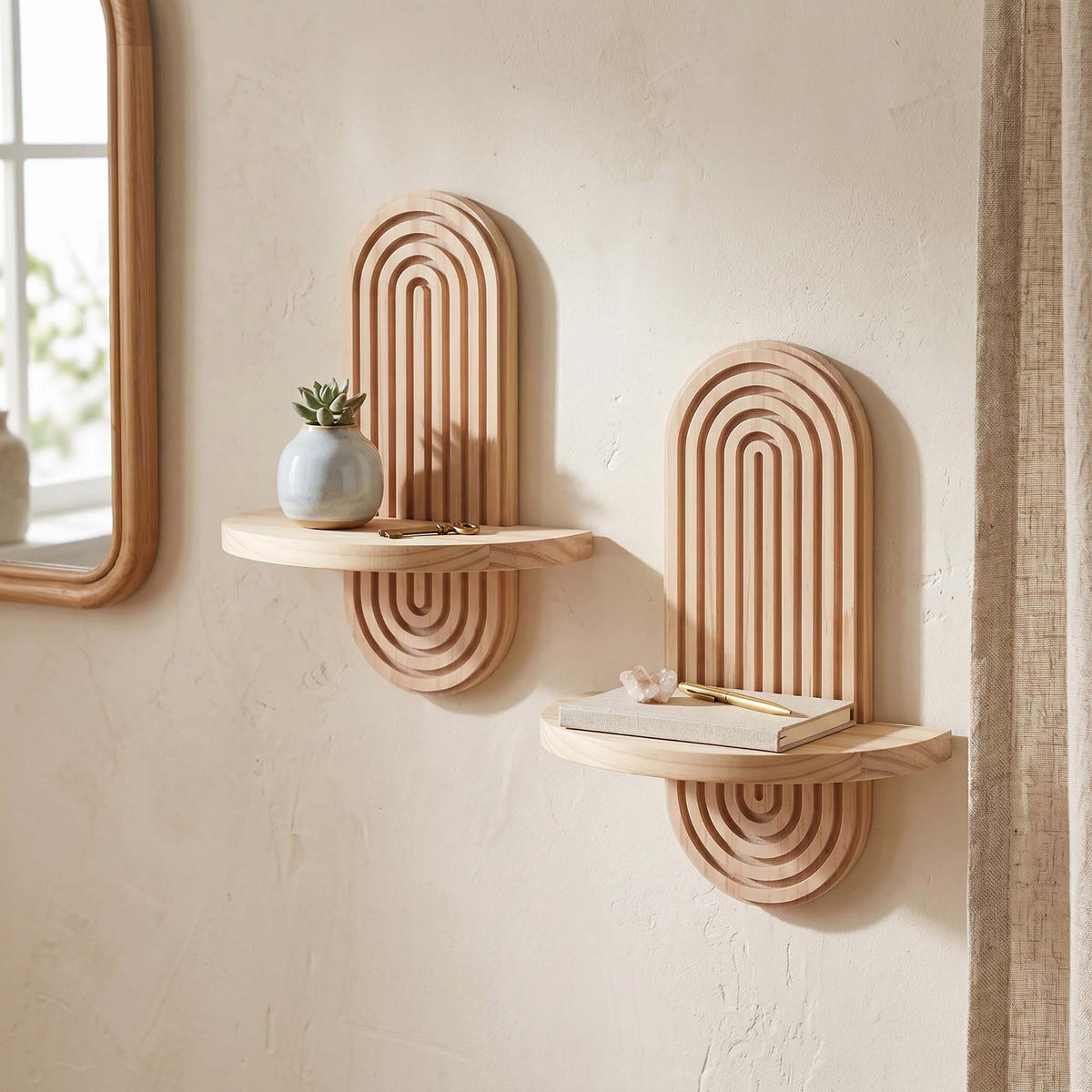 WANDREGAL Natur-Weiß 2er-Set 3 Ablagen - Multicolor, Holz (21.5/45/12cm) - Relaxdays