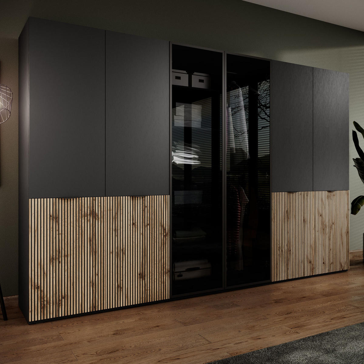 KLEIDERSCHRANK ZEN (Modular, Schwarz, Wotan Eiche & Getöntes Glas Antisol, 6-türig) - Eiche Wotan/Schwarz, Holz/Holzwerkstoff (303/200/51cm) - Ravio