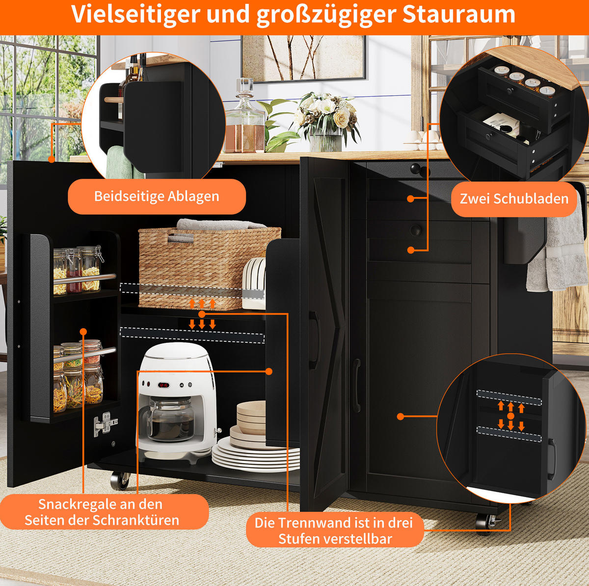 KÜCHENINSEL mit Klapptisch 120 cm Black - Schwarz, Holz (43.2/92/120cm) - Beauniv