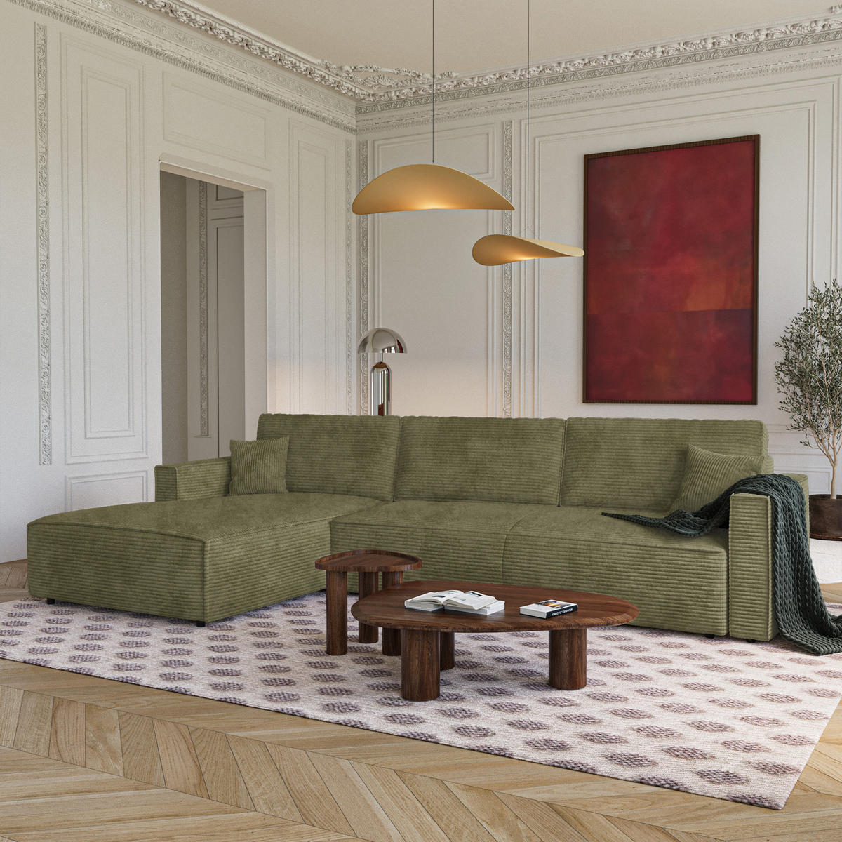 LINKSECK-SCHLAFSOFA mit Stauraum Cord Olivgrün 297cm - Olivgrün/Grün, Textil (297/167cm) - Premium Interiors