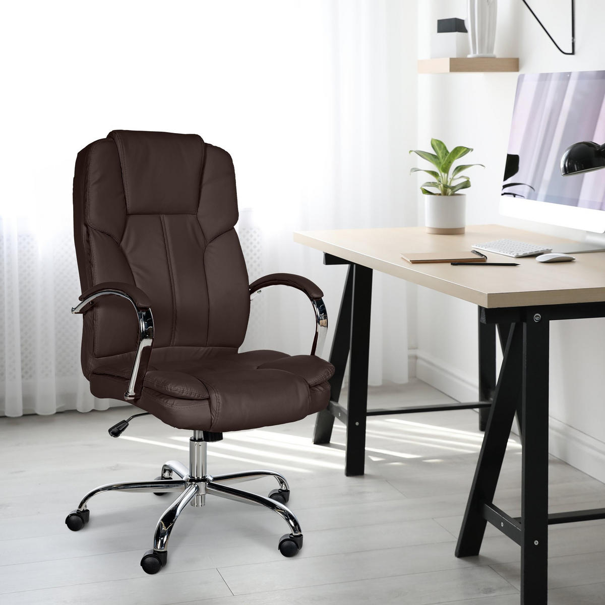 CHEFSESSEL Lederlook Braun - Chromfarben/Braun, Textil/Metall (62/115/70cm) - CLP