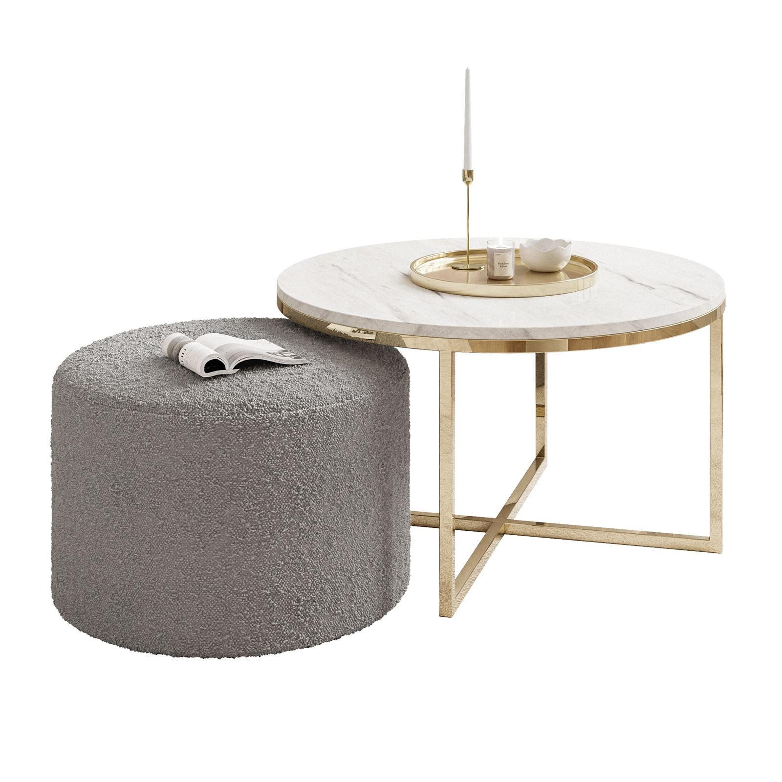 COUCHTISCH CIRI-X mit Hocker Gold Chrom|Marmor Levanto|Ascot taupe - Goldfarben/Weiß, Holzwerkstoff/Textil (70/70/46cm) - Lookway