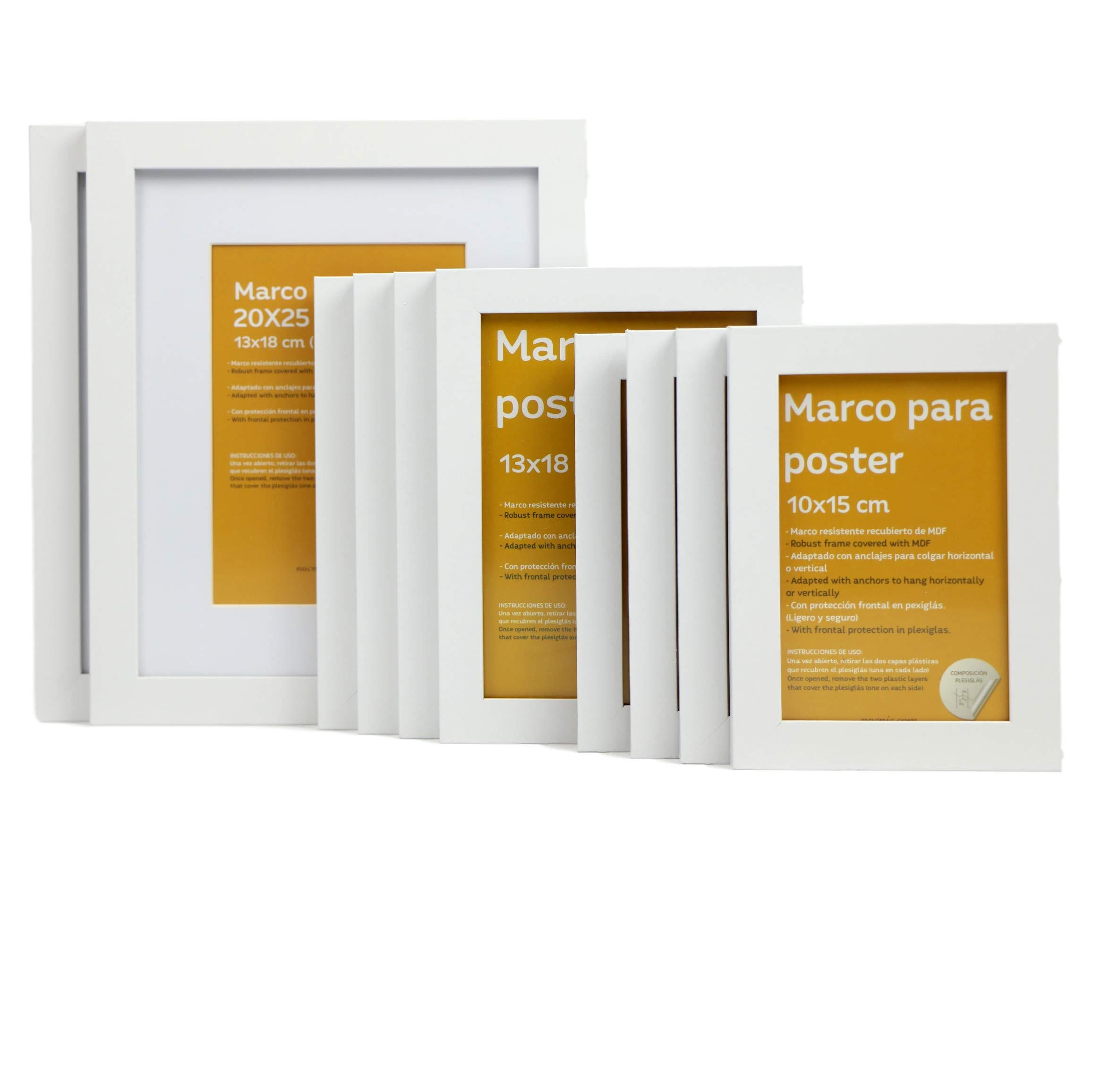 RAHMEN Set mit 10 aus MDF und Acrylglas Schutz und Aussteller für Fotografien, Bilder, Poster, Gemälde Farbe Weiß 20x25, 13x18, 10x15 cm - Weiß, Holz (20/3/25cm) - Nacnic