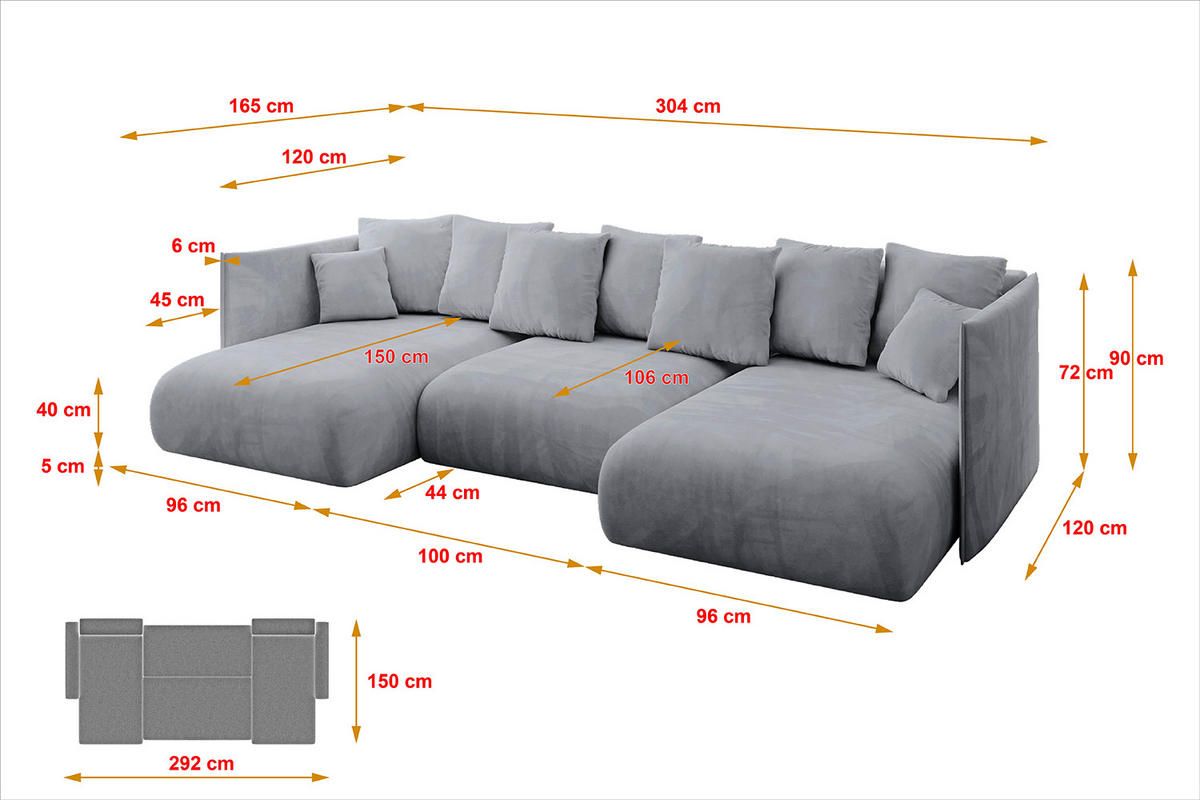WOHNLANDSCHAFT mit Schlaffunktion und Bettkasten ONESK-U 304x165x40 Hellgrau Velours - Hellgrau, Holzwerkstoff/Kunststoff (304/90/165cm) - ALTDECOR