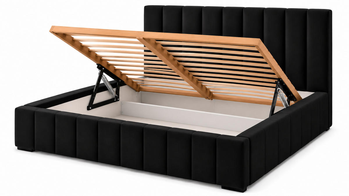 MARPUR Polsterbett NERO 140x200 cm mit Bettkasten und Lattenrost, Schwarz - Chromfarben/Schwarz, Holz/Holzwerkstoff (140/200cm) - Marpur