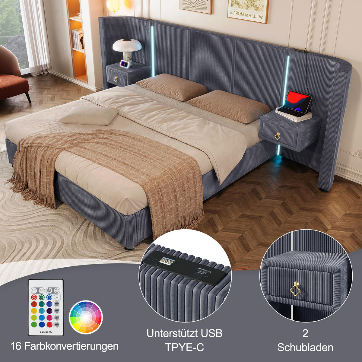 POLSTERBETT 180/200 cm grau mit LED-Leiste und hydraulischem Stauraum - Grau, Textil (180/200cm) - OKWISH