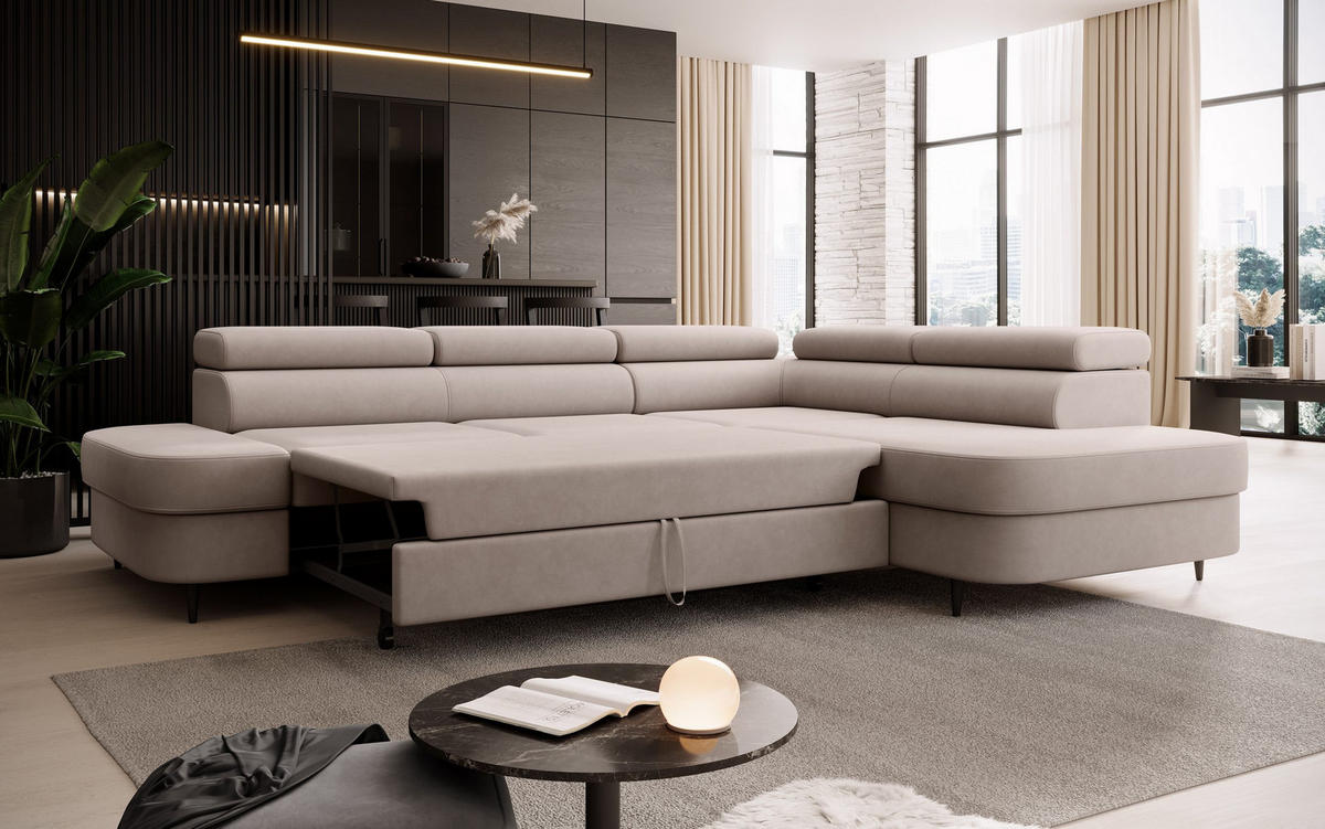 ECKSOFA Priam L-Form mit Schlaffunktion und Stauraum Modern Form Beige - Beige, Holz/Textil (275/203cm) - Muffo