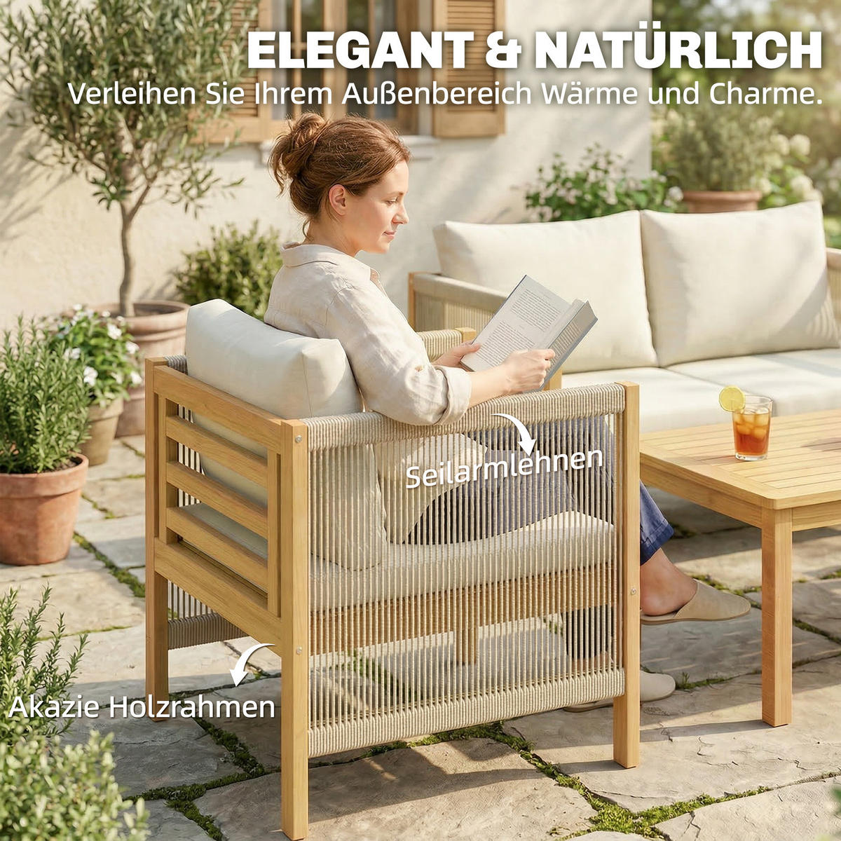 BALKONMÖBEL-SET 4er Set Akazienholz Polyester Beige - Beige/Akaziefarben, Holz/Textil - Outsunny