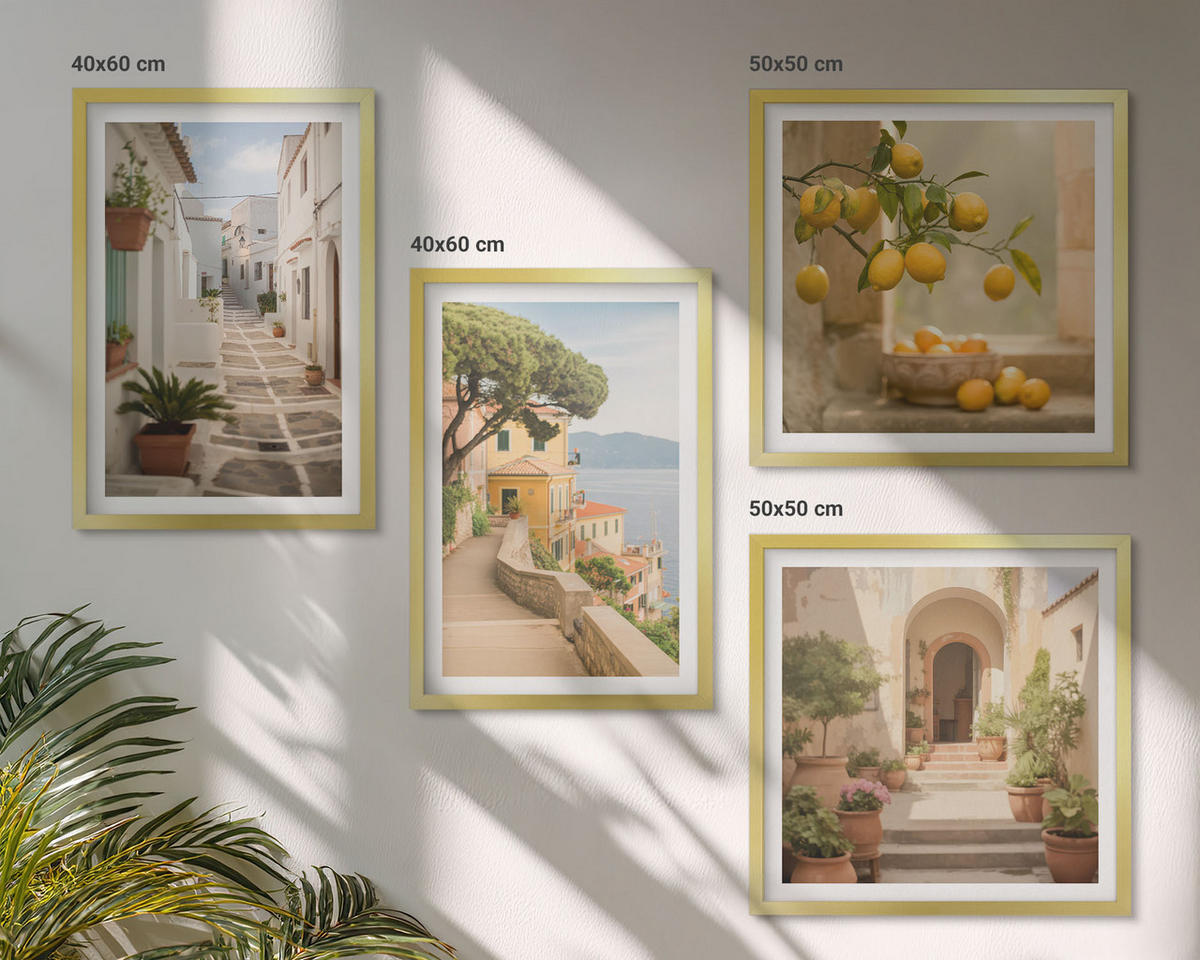 BILDER SET 4er Set - 50x50 cm & 40x60 cm Goldrahmen - Zitrusbaum im Fenster am Meer - Goldfarben, Kunststoff (50/50cm) - TULUP