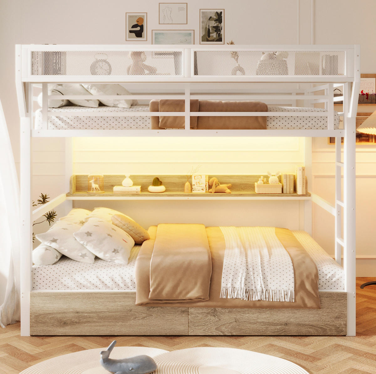ETAGENBETT 140/200 cm aus Metall und MDF mit LED-Licht und Stauraum Weiß - Weiß, Holzwerkstoff (140/200cm) - Modenvie